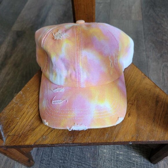 Distressed pink, white and orange tie dyed baseball hat with ponytail hole - Picture 3 of 8